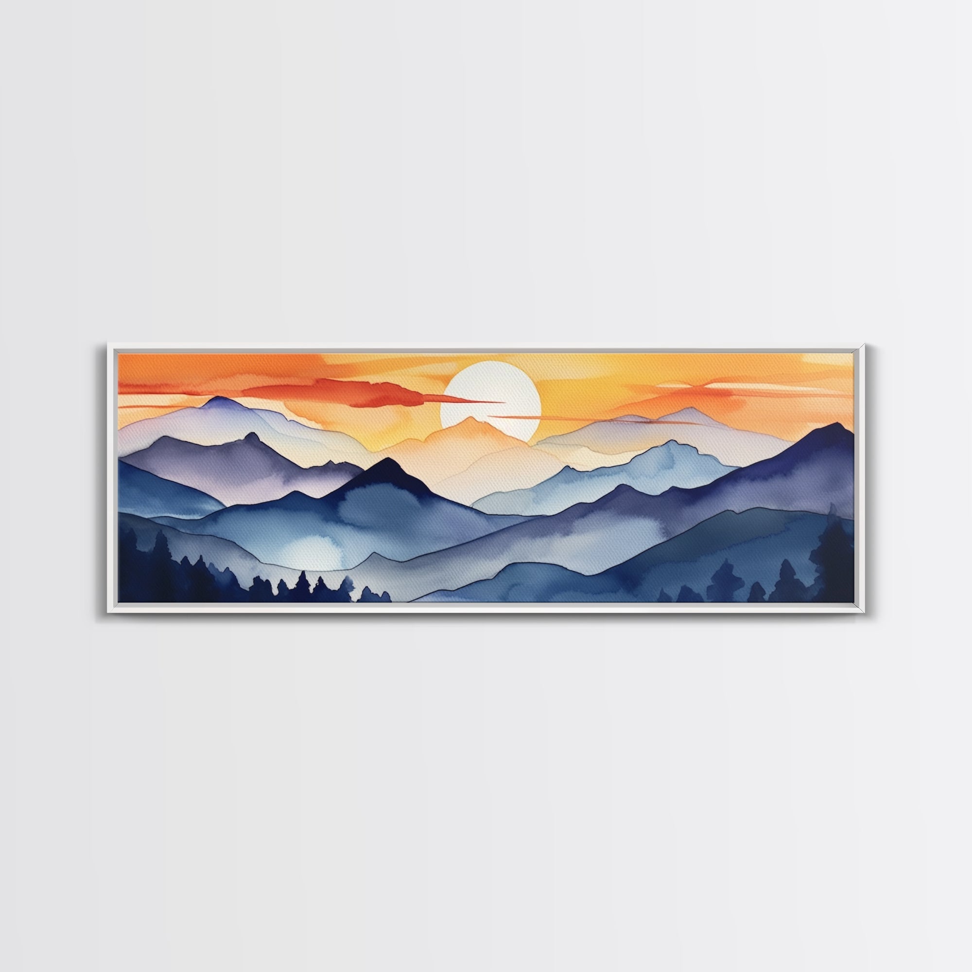 Midcentury Modern Watercolor Painting of a Mountain Sunset, Large Canvas Print, Mountain Artwork, Guest Room Art, Mountain Print, Panoramic