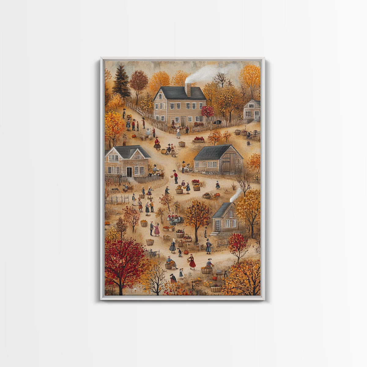 Folk Art Harvest Scene with Autumn Colors and Cozy Farm Activities, Perfect for Framed Canvas Print and Seasonal Wall Decor