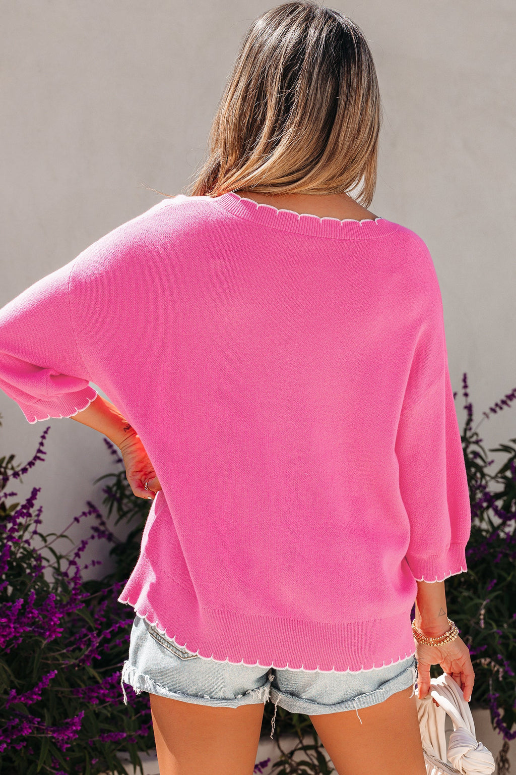 Sachet Pink Big Ribbon Bow Print Contrast Stitch Trim Drop Shoulder Sweater