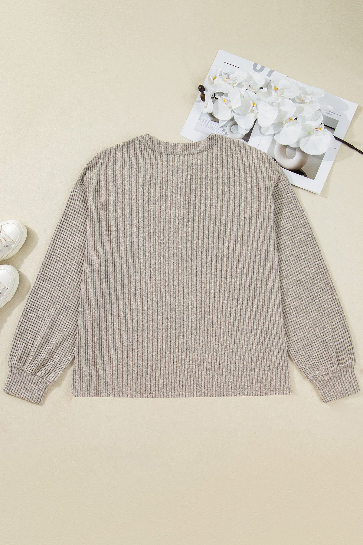 Plus Size Ribbed Knit Kangaroo Pocket Henley Top