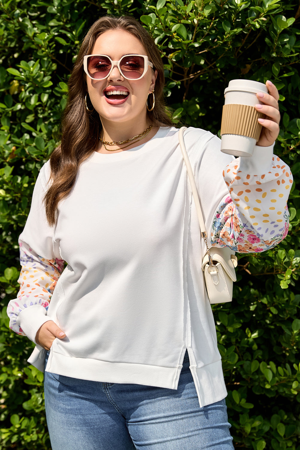 Plus Size Floral Patchwork Long Sleeve Reverse Seam Sweatshirt