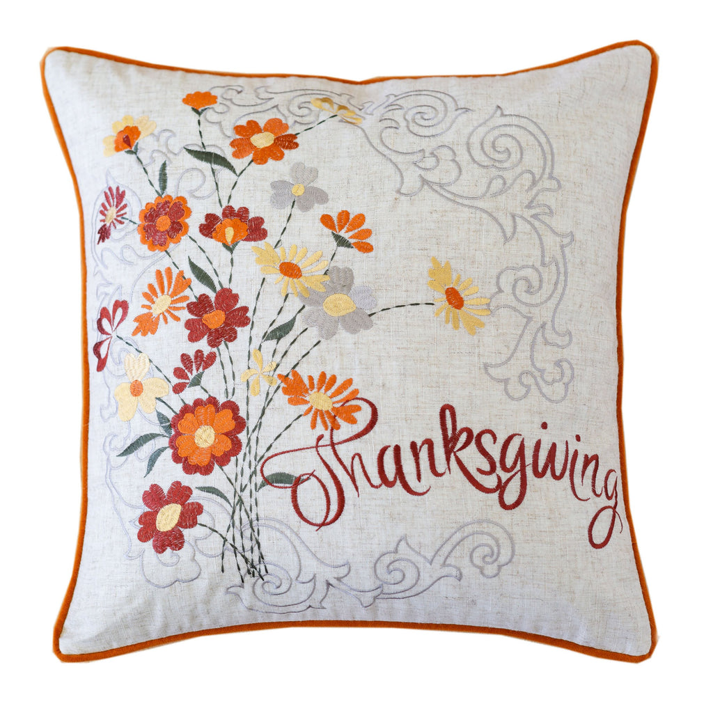 Thanksgiving Embroidered Floral Throw Pillow – Autumn Harvest Accent Cushion Set