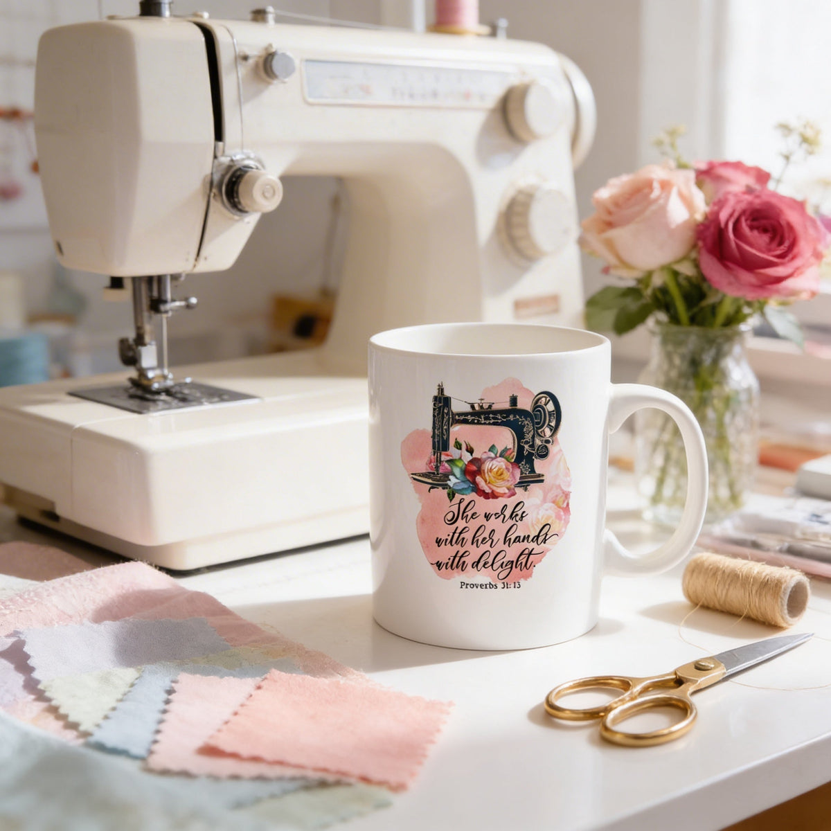 Proverbs 31 Coffee Mug - Watercolor Flower Cup With Vintage Sewing Machine Design
