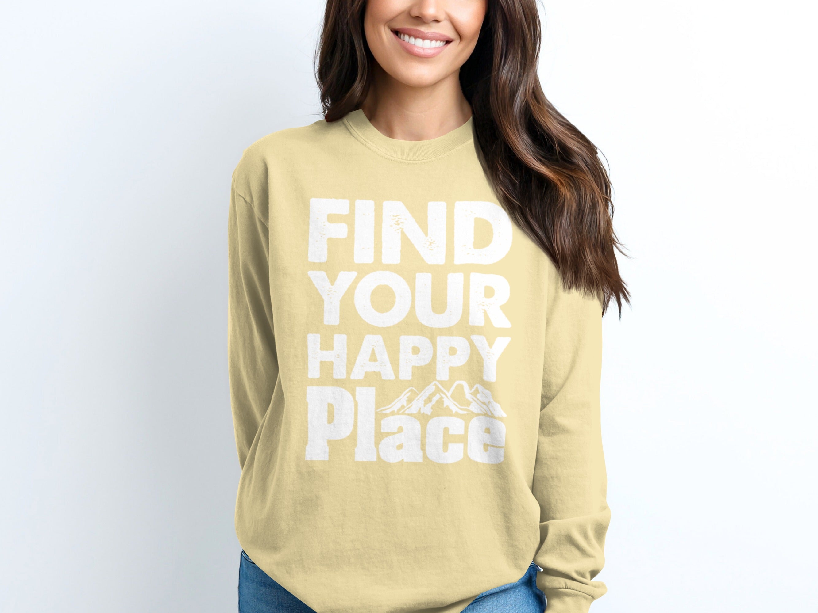Find Your Happy Place With Mountains Graphic Long Sleeve T-Shirt