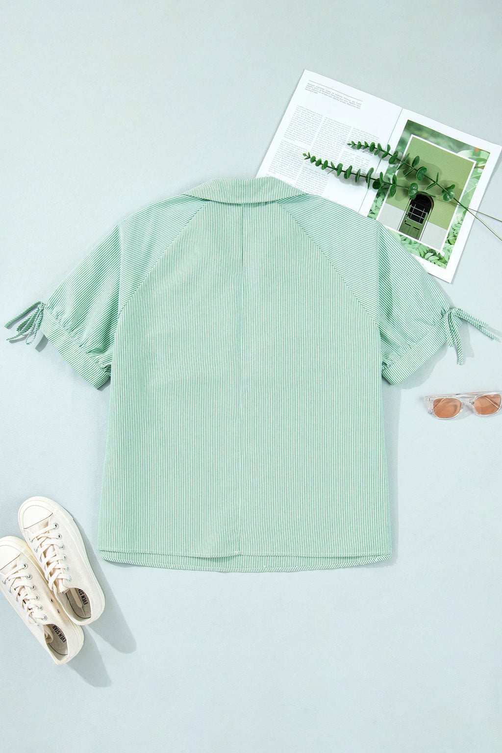 Plus Size Stripe Collar V-Neck Short Sleeve Blouse