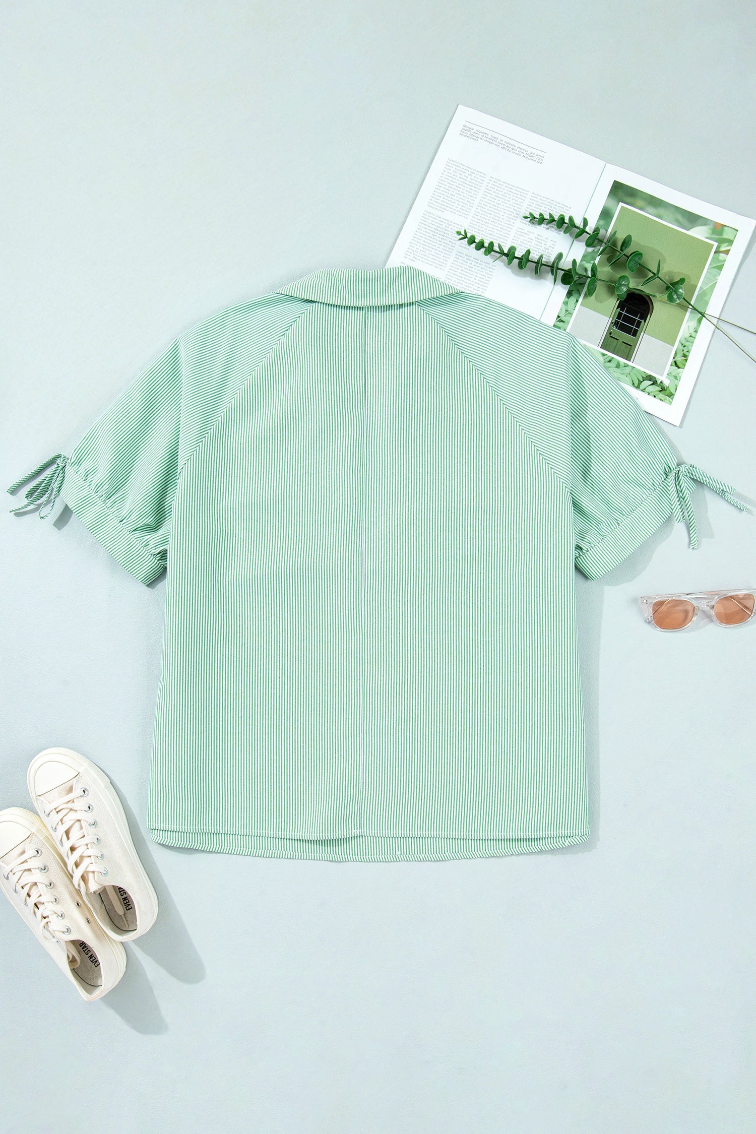 Plus Size Stripe Collar V-Neck Short Sleeve Blouse