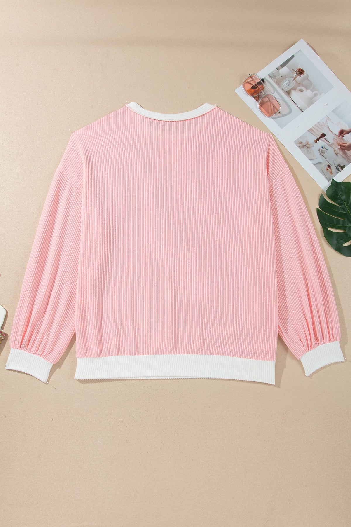 Plus Size Colorblock Ribbed Knit Long Sleeve Blouse