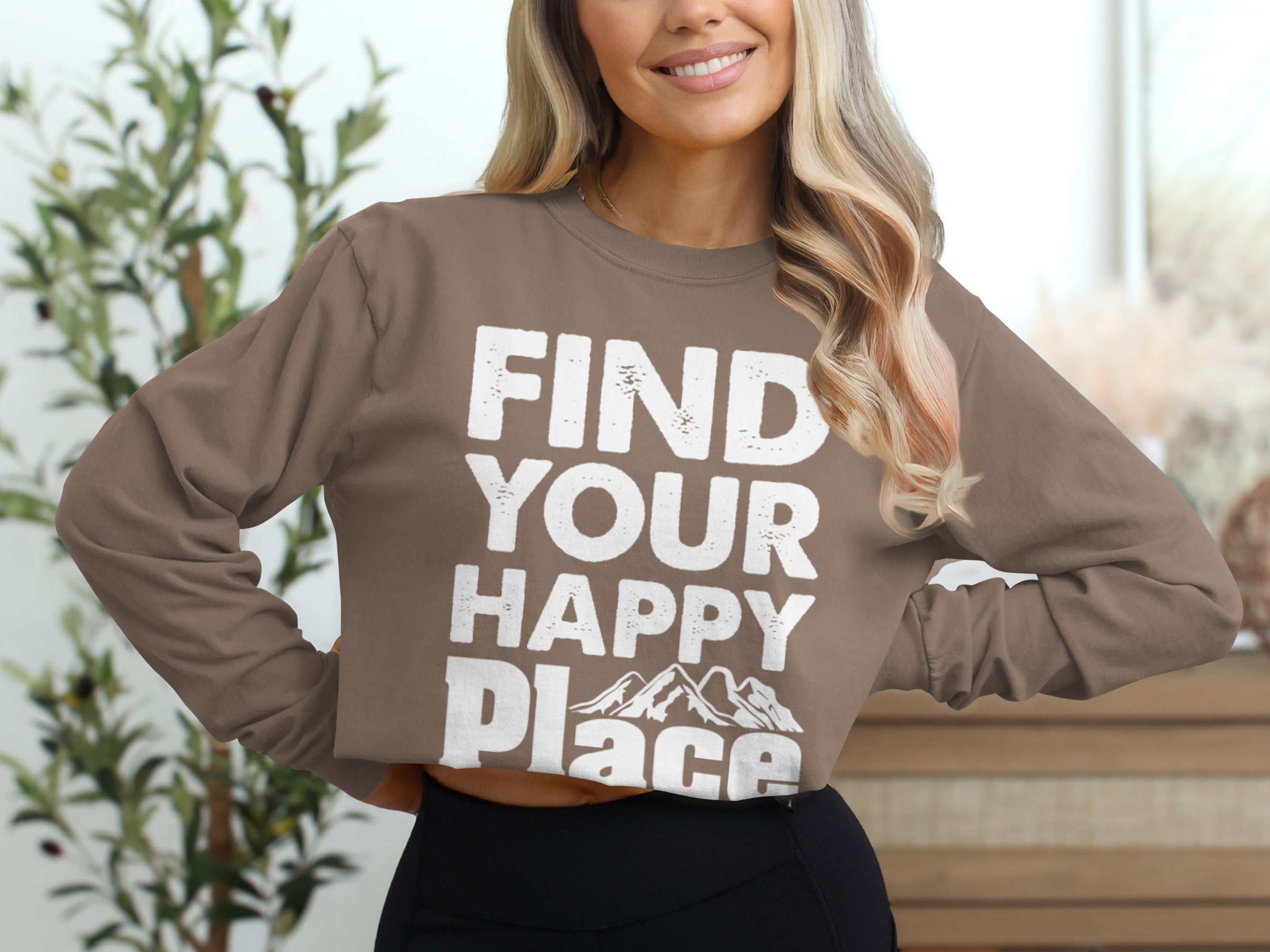 Find Your Happy Place With Mountains Graphic Long Sleeve T-Shirt