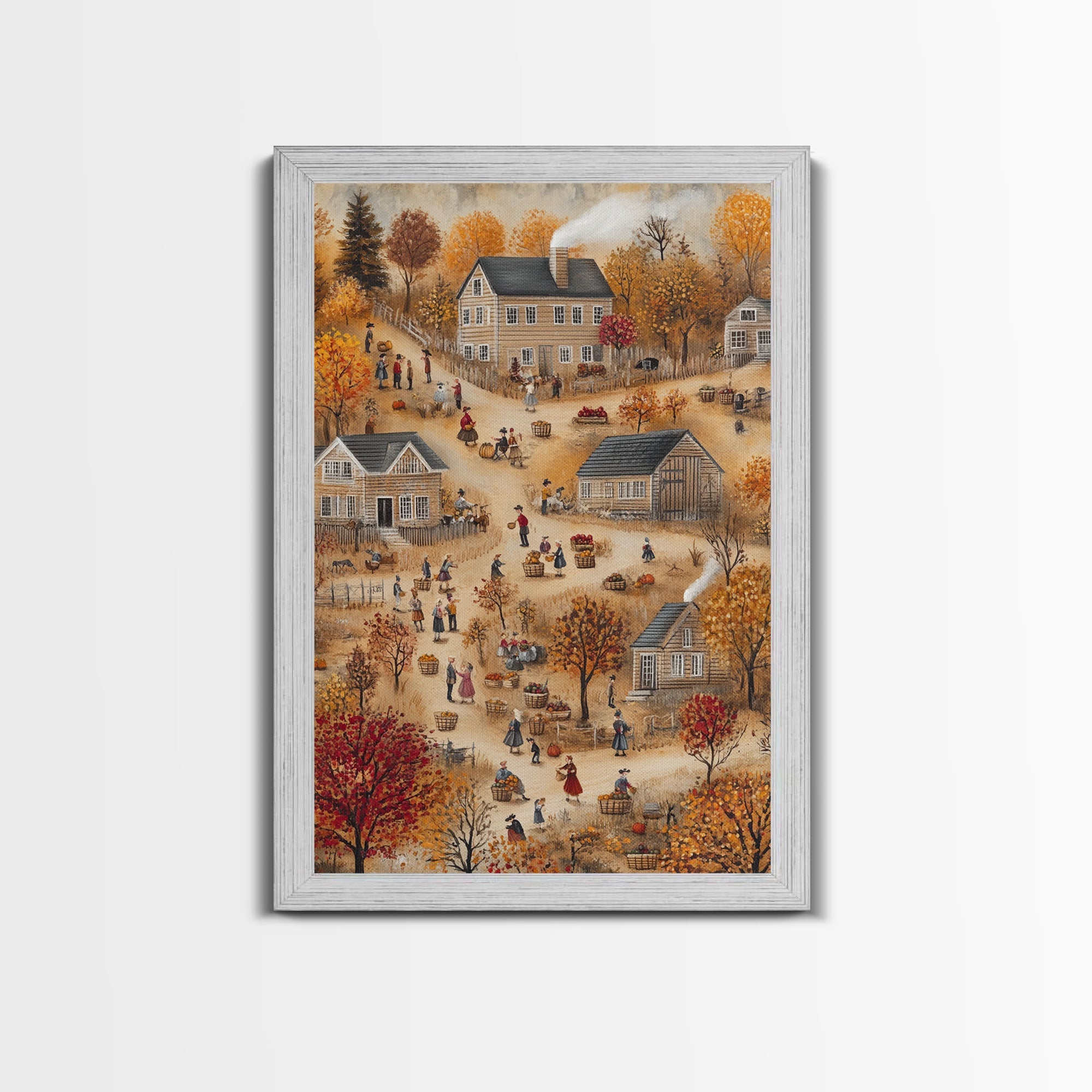 Folk Art Harvest Scene with Autumn Colors and Cozy Farm Activities, Perfect for Framed Canvas Print and Seasonal Wall Decor