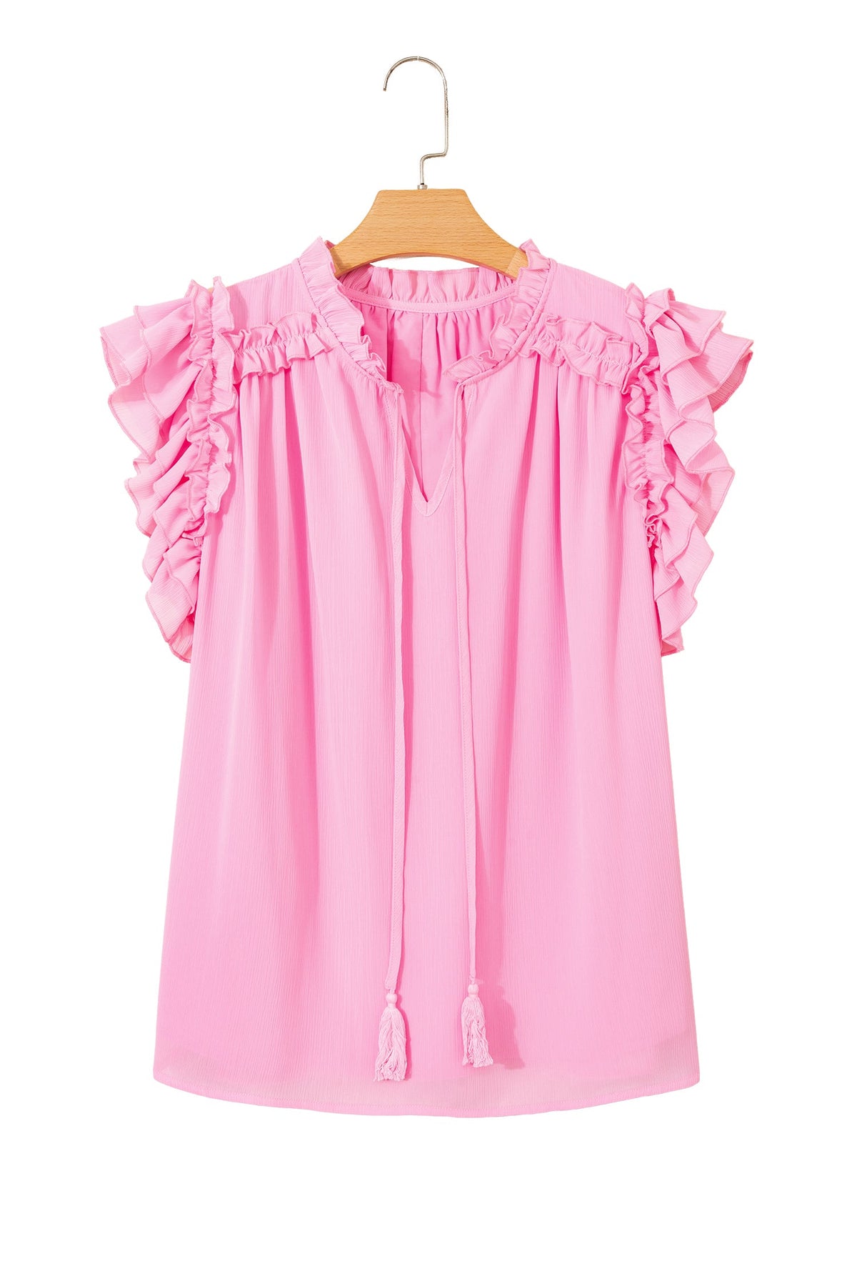 Plus Size Solid Ruffle Tassel Tie V-Neck Blouse