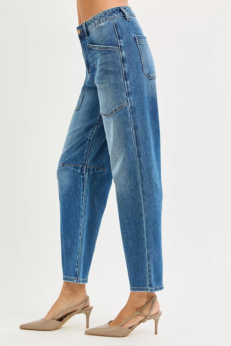 4 Way Stretch Mid Rise Barrel Jeans with Patch Pocket Detail