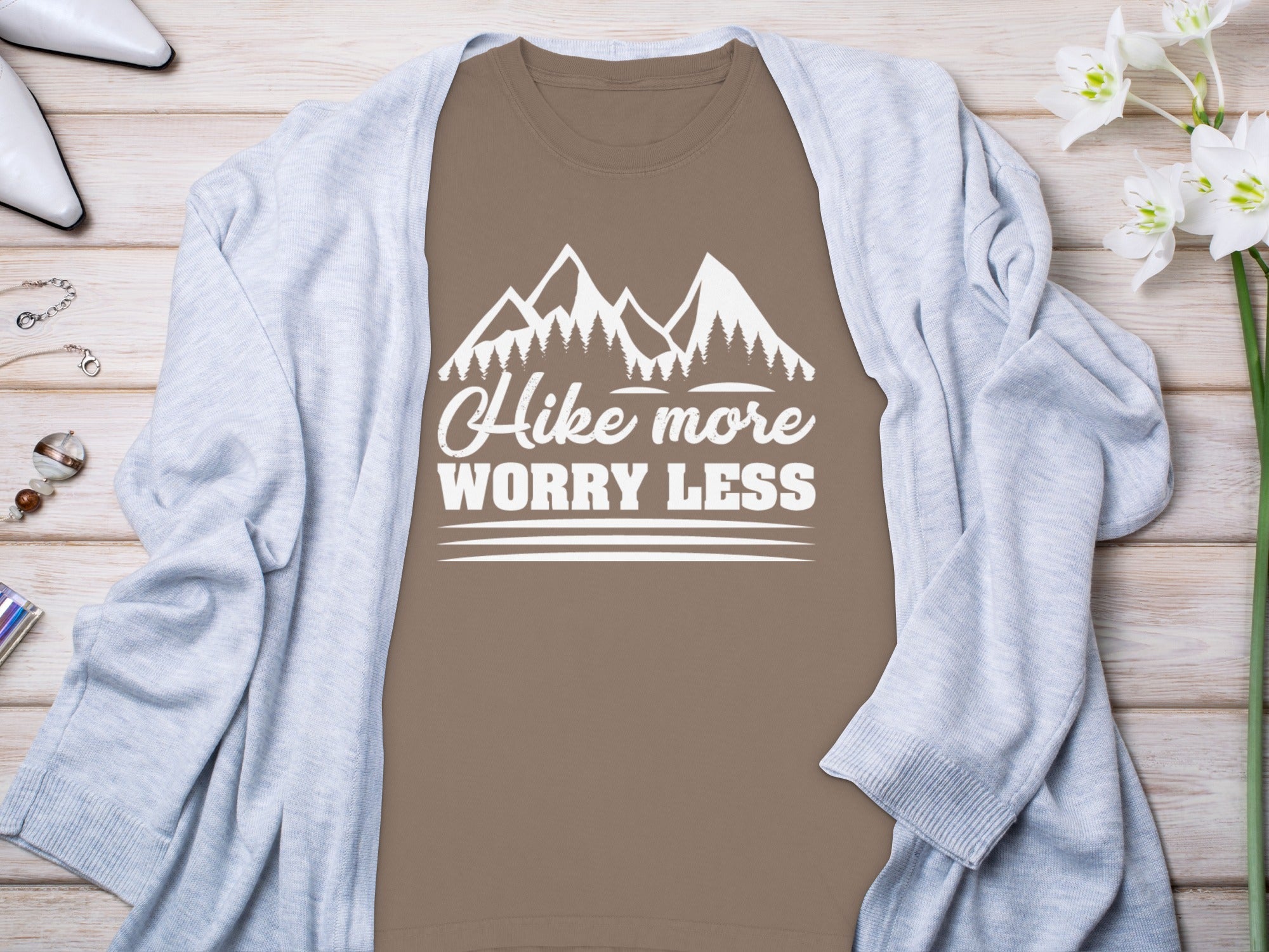 Hike More Worry Less Mountain Graphic Design Long Sleeve T-Shirt