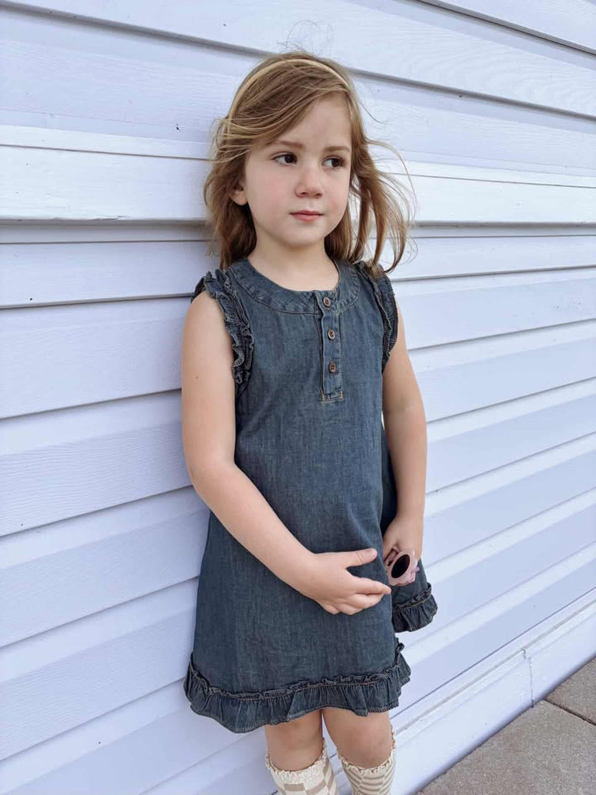 Vintage Denim Ruffle Girls Dress