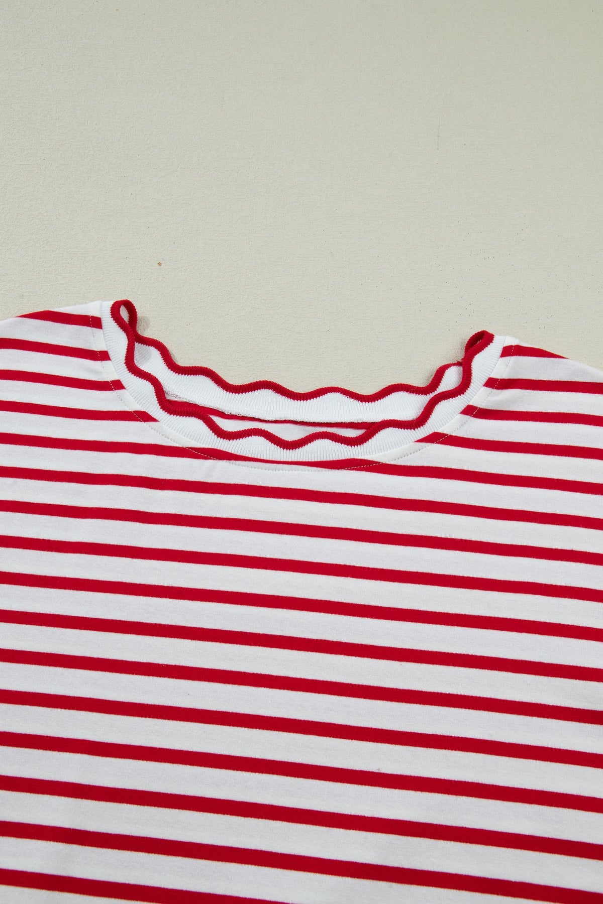 Plus Size Stripe Scalloped Trim Round Neck Top