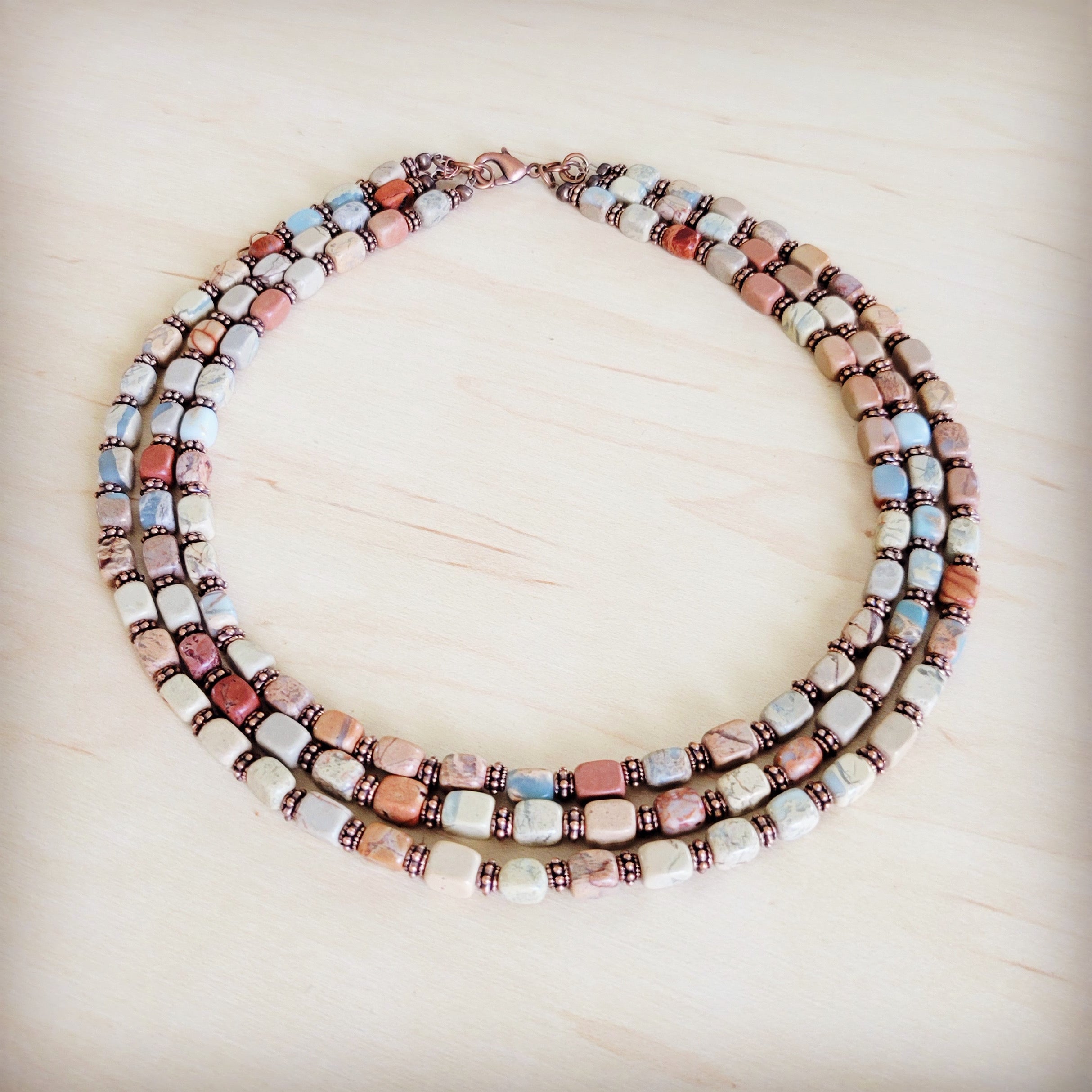 Triple Strand Layered Boho Aqua Terra & Copper Necklace 264m