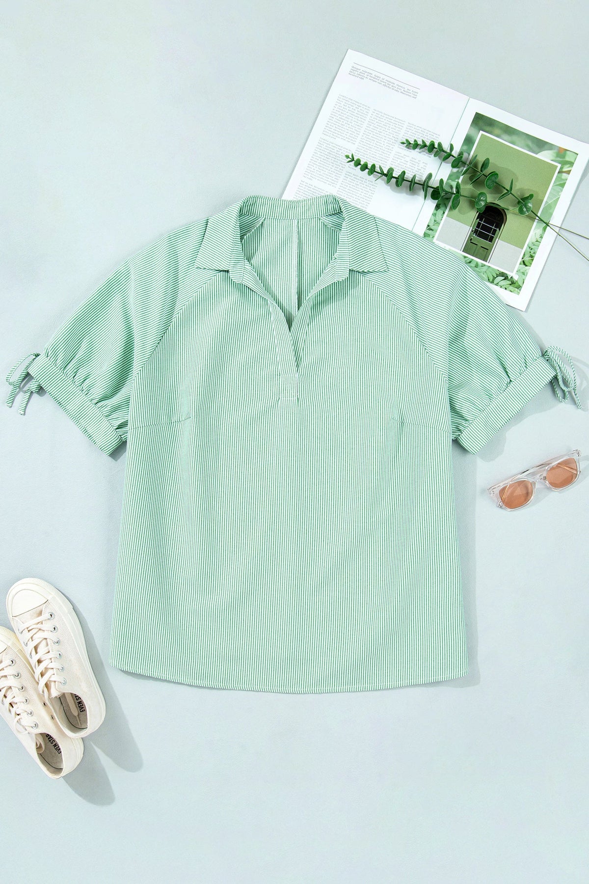 Plus Size Stripe Collar V-Neck Short Sleeve Blouse