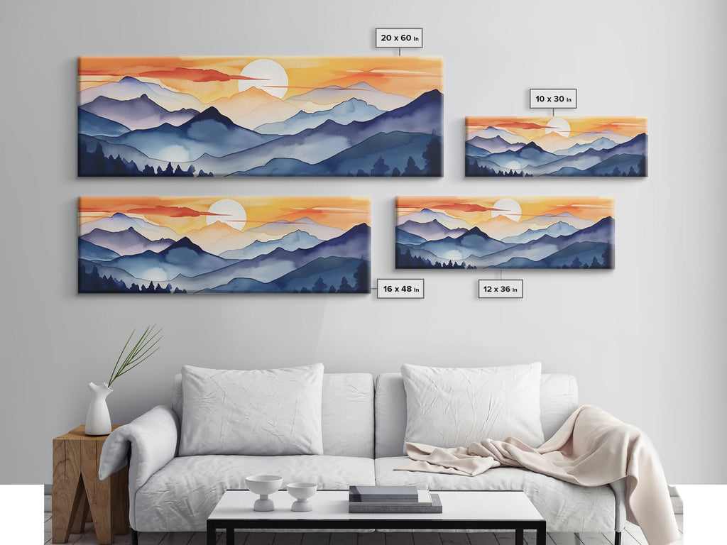 Midcentury Modern Watercolor Painting of a Mountain Sunset, Large Canvas Print, Mountain Artwork, Guest Room Art, Mountain Print, Panoramic