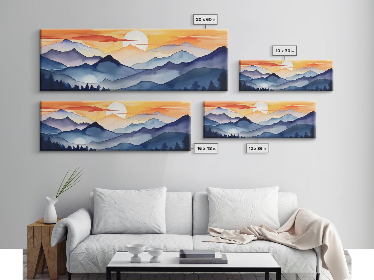 Midcentury Modern Watercolor Painting of a Mountain Sunset, Large Canvas Print, Mountain Artwork, Guest Room Art, Mountain Print, Panoramic