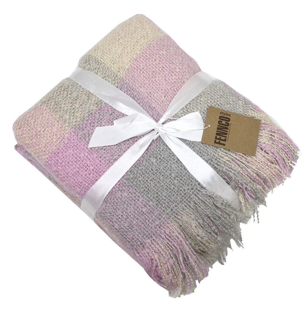 Fennco Styles Cozy Faux Mohair Plaid Fringed Soft Warm Throw Blanket, 50" x 60"