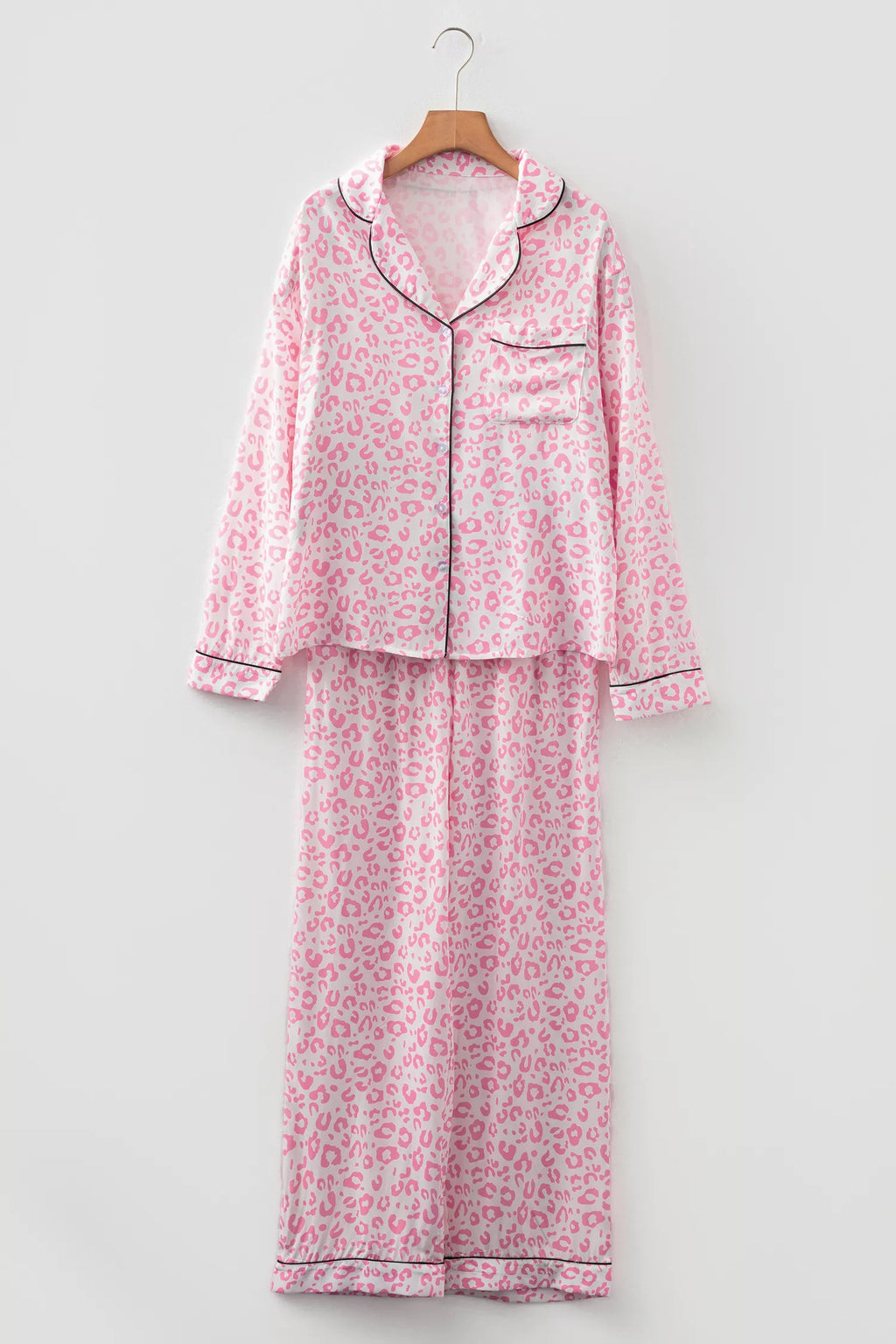 Leopard Print Button Up Top and Pants 2cps Pajama Set
