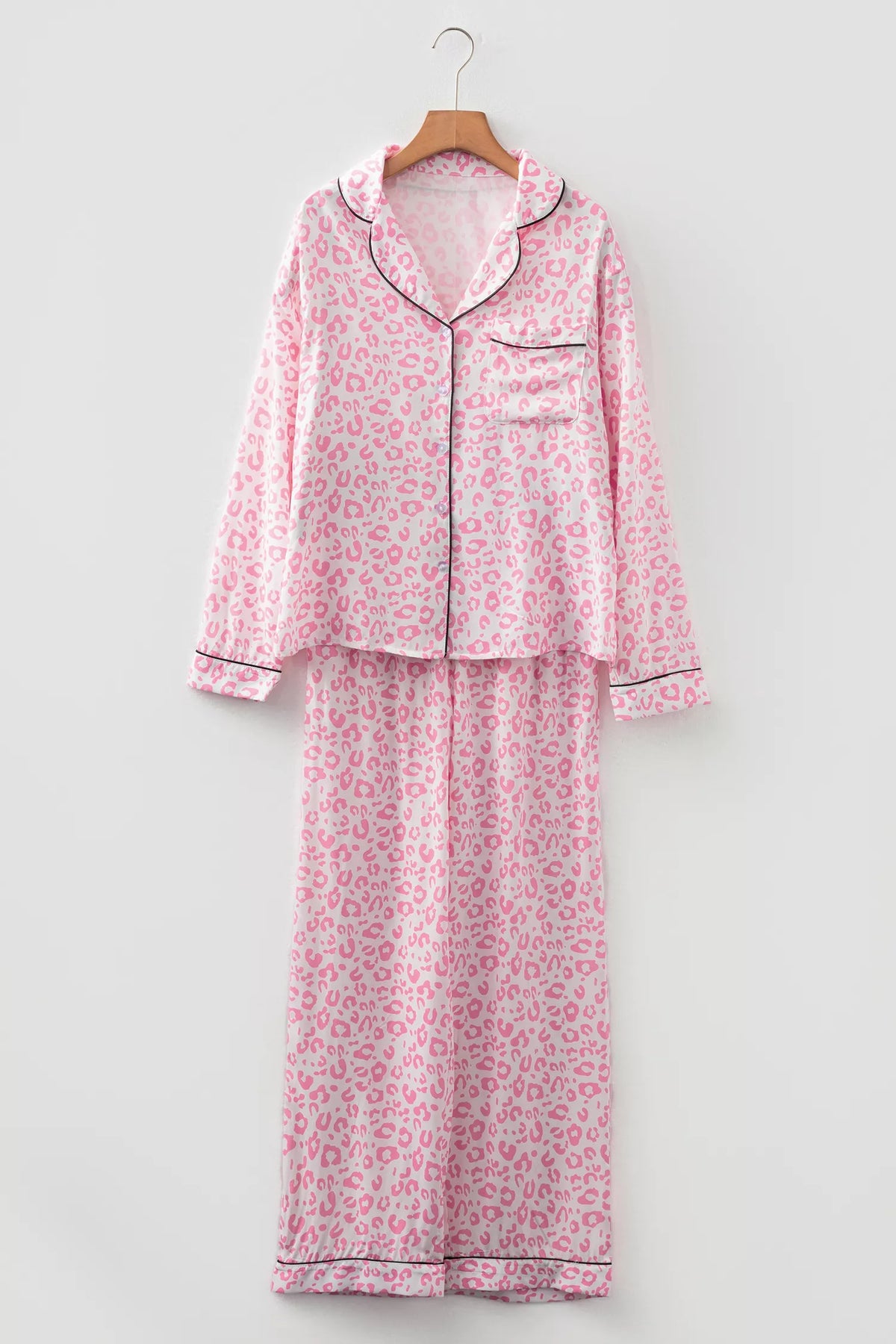 Leopard Print Button Up Top and Pants 2cps Pajama Set