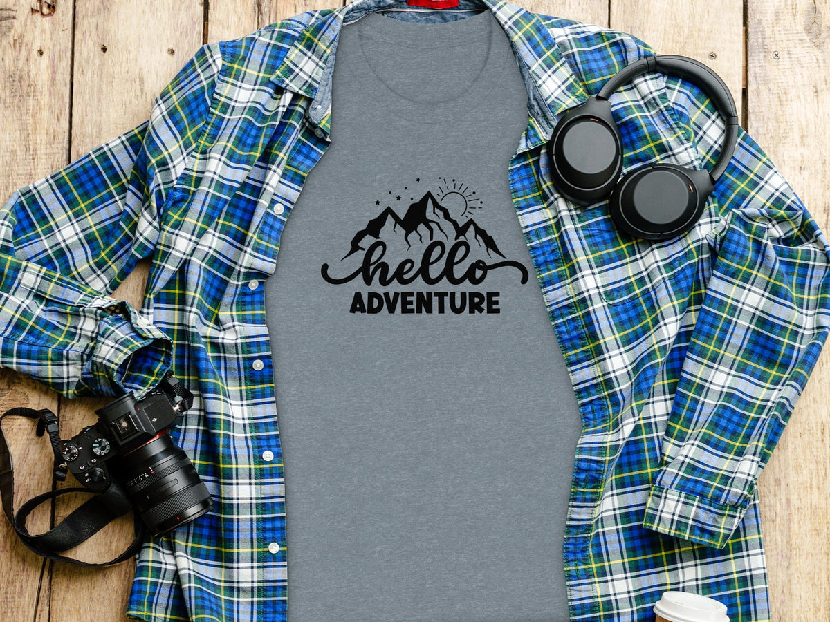 Hello Adventure Mountain Graphic Outdoorsy Scene T-Shirt