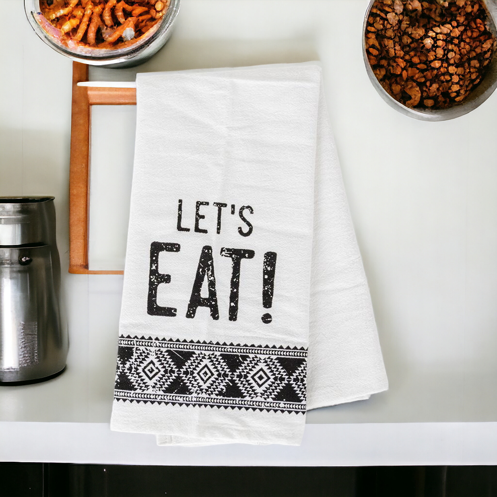 Jacquard Black White Aztec Tea Towel 24 x 17 Kitchen Hand Towel Lets Eat Festive Cotton