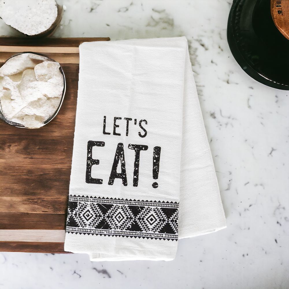 Jacquard Black White Aztec Tea Towel 24 x 17 Kitchen Hand Towel Lets Eat Festive Cotton