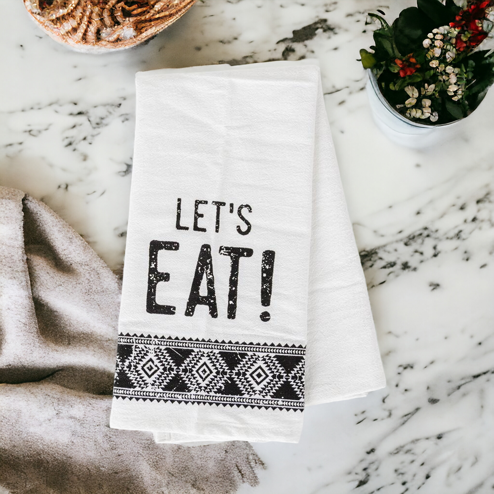 Jacquard Black White Aztec Tea Towel 24 x 17 Kitchen Hand Towel Lets Eat Festive Cotton