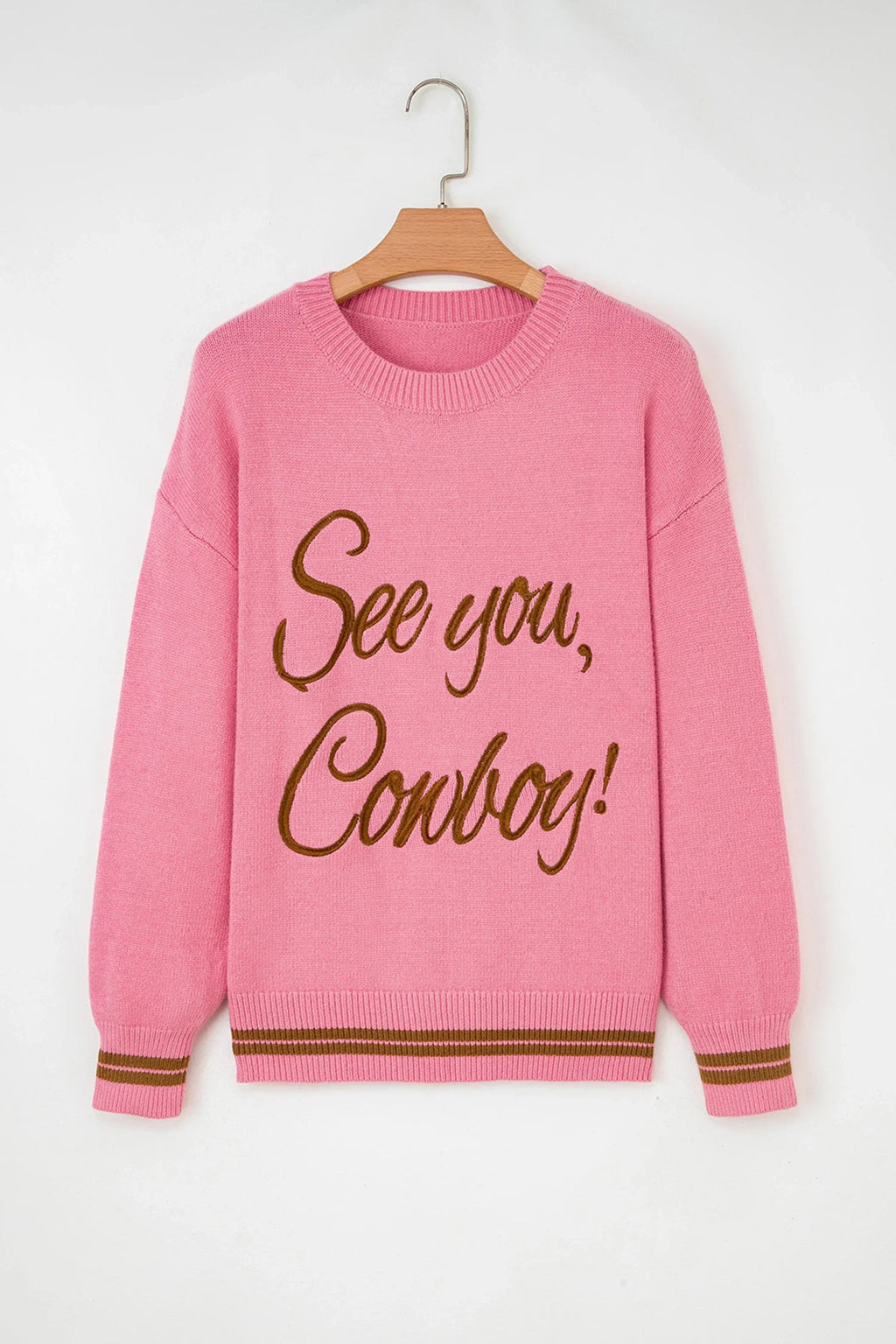 Western See You Cowboy Embroidered Stripe Cuff Sweater