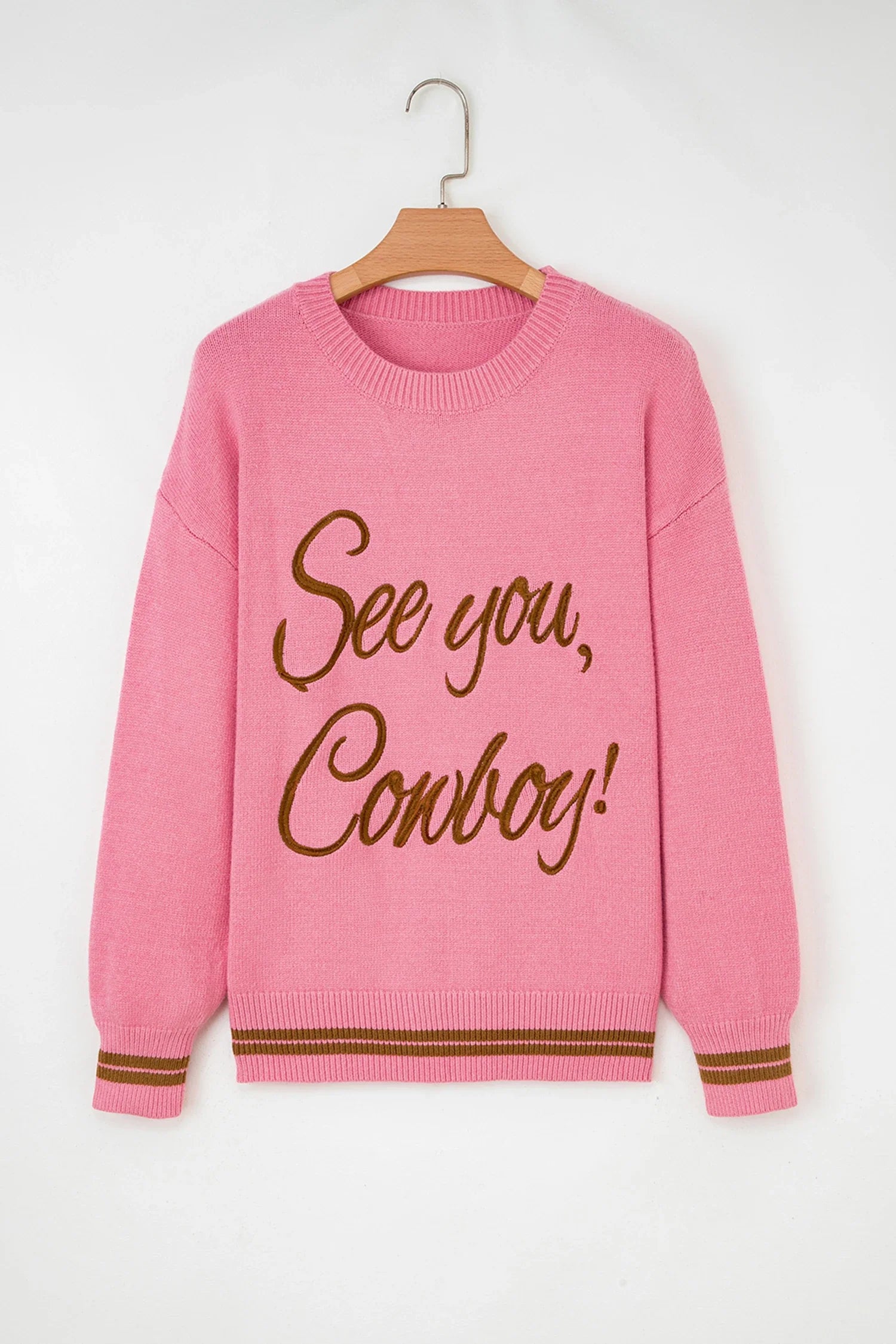 Western See You Cowboy Embroidered Stripe Cuff Sweater