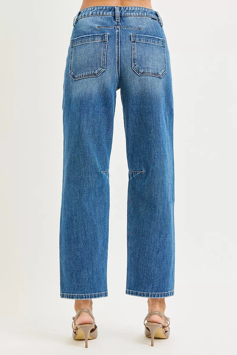 4 Way Stretch Mid Rise Barrel Jeans with Patch Pocket Detail