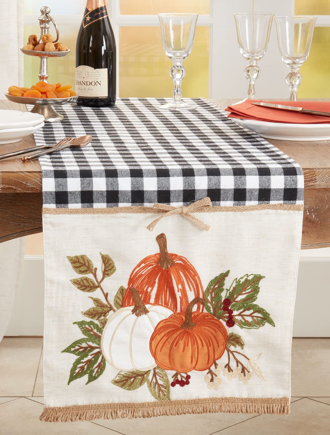 Fennco Styles Harvest Pumpkins Plaid Table Runner 16" W x 70" L - Black & White Woven Table Cover for Banquets, Fall Festivals, Thanksgiving, Holidays, Special Events, Kitchen and Home Décor