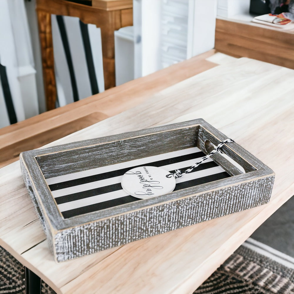 Farmhouse Modern Wooden Tray Black White Striped Decorative Serving Tray 10 x 6 x 1.5 Inch