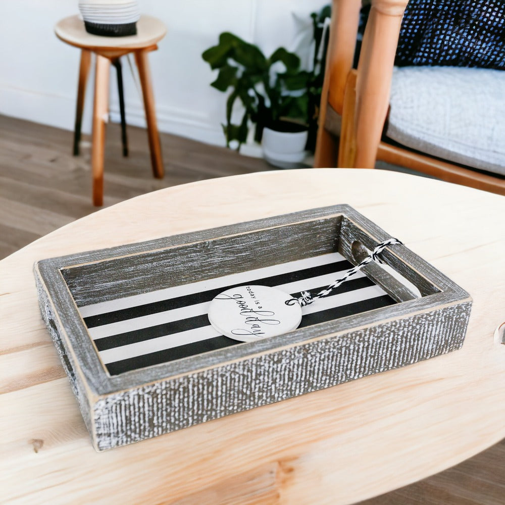Farmhouse Modern Wooden Tray Black White Striped Decorative Serving Tray 10 x 6 x 1.5 Inch