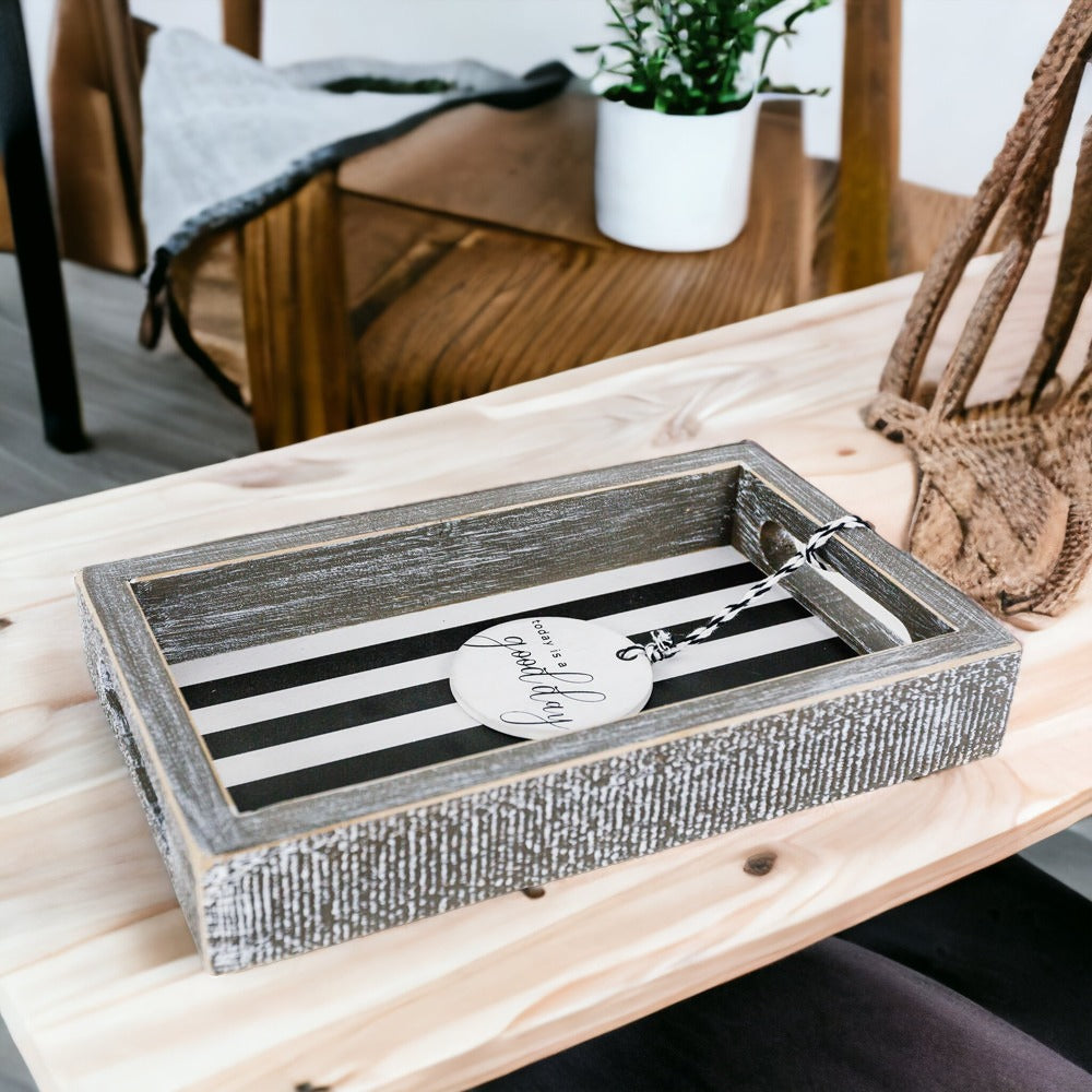 Farmhouse Modern Wooden Tray Black White Striped Decorative Serving Tray 10 x 6 x 1.5 Inch