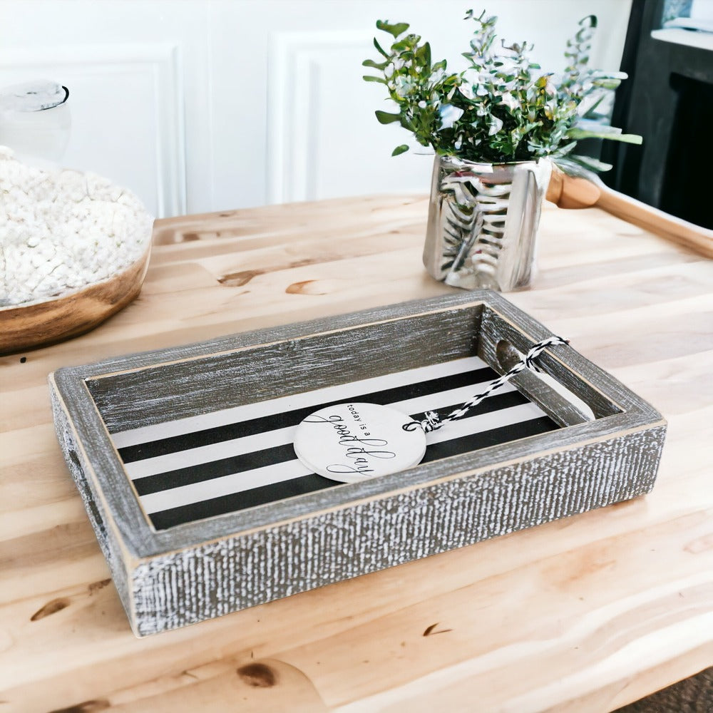 Farmhouse Modern Wooden Tray Black White Striped Decorative Serving Tray 10 x 6 x 1.5 Inch