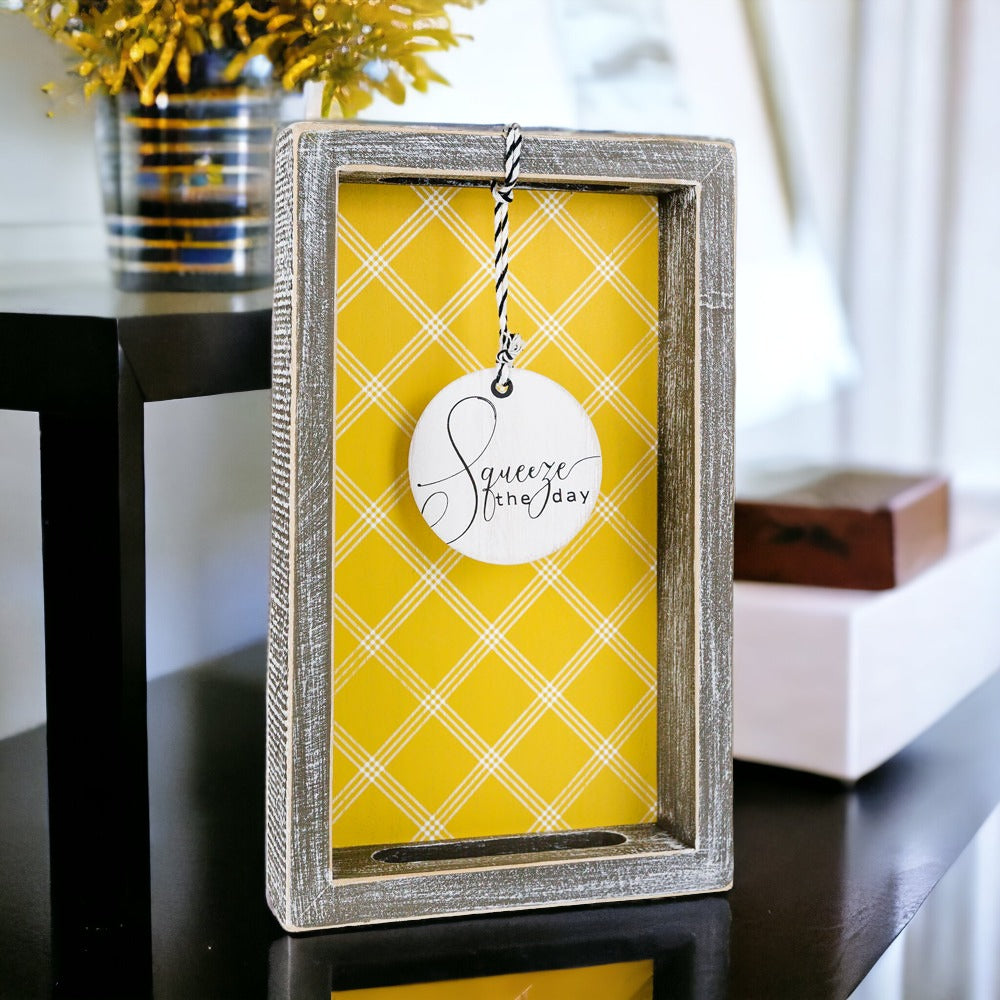 Handmade Wooden Serving Tray Yellow Striped Interior With Double Sided Lemon Ornament