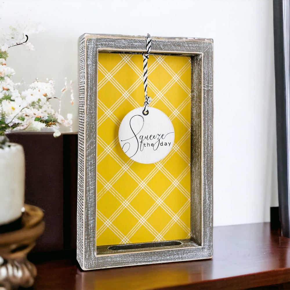 Handmade Wooden Serving Tray Yellow Striped Interior With Double Sided Lemon Ornament
