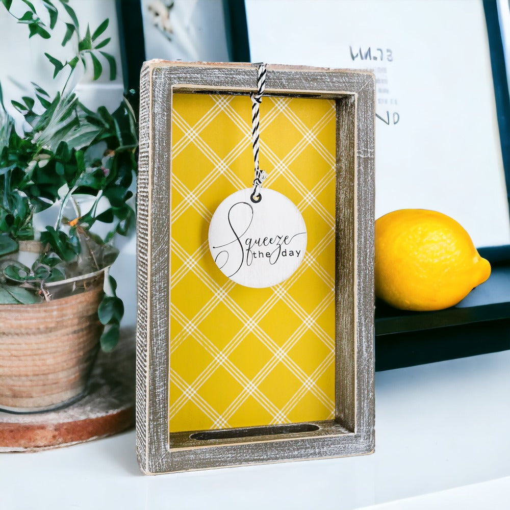 Handmade Wooden Serving Tray Yellow Striped Interior With Double Sided Lemon Ornament