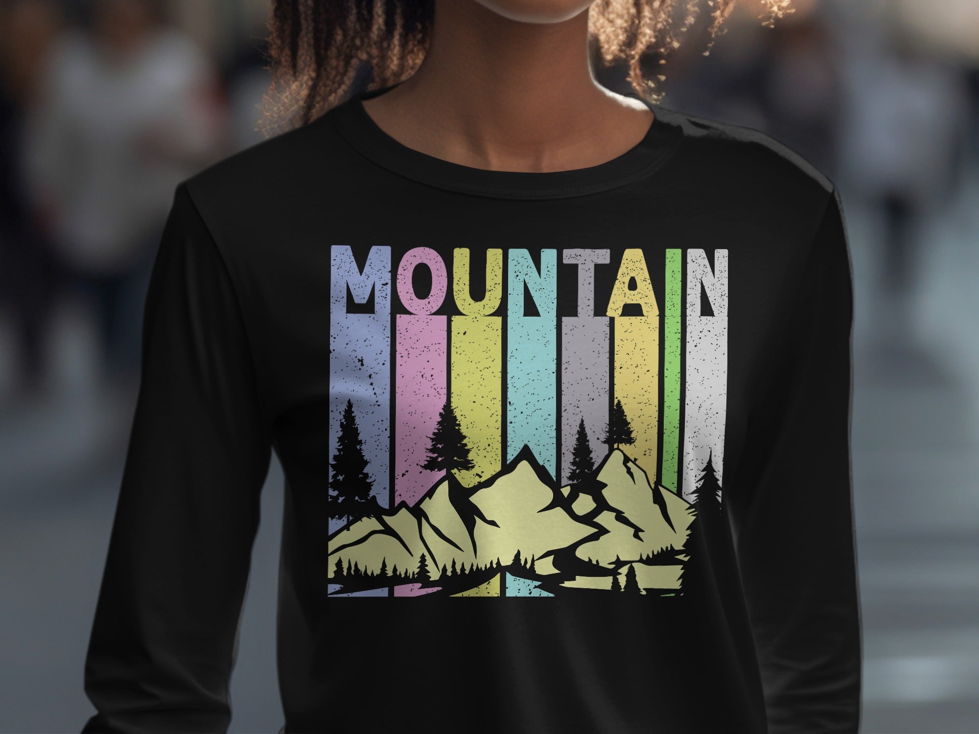 Colorful Mountain Scenery Graphic T-Shirt Long Sleeve T-Shirt
