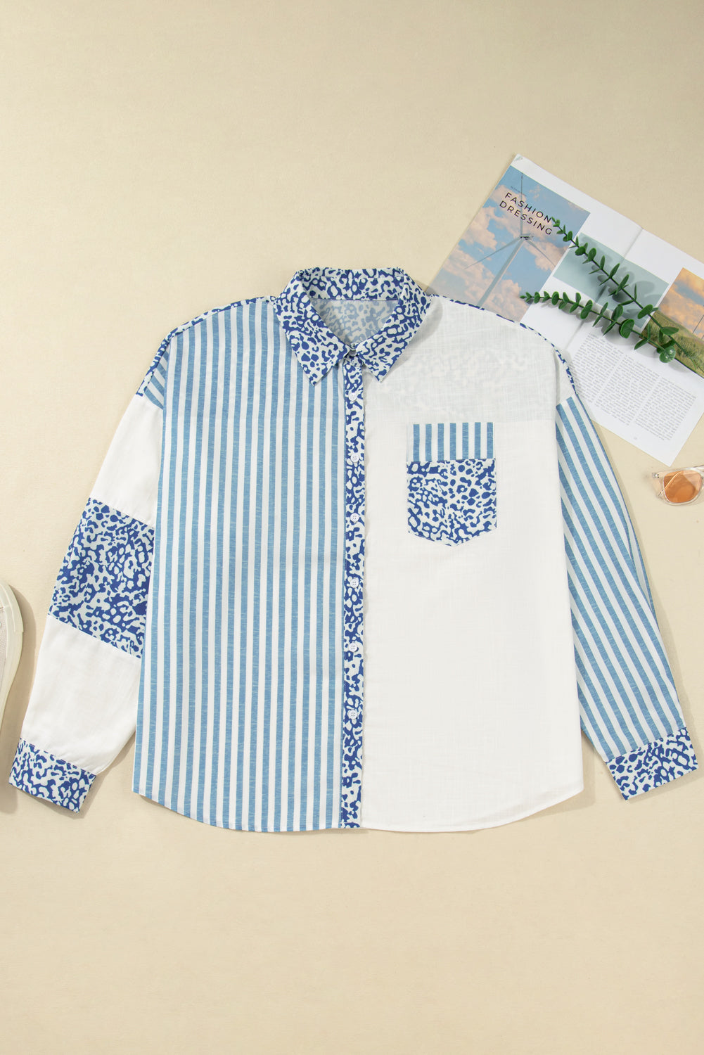 Plus Size Leopard Stripe Patchwork Button-Up Shirt