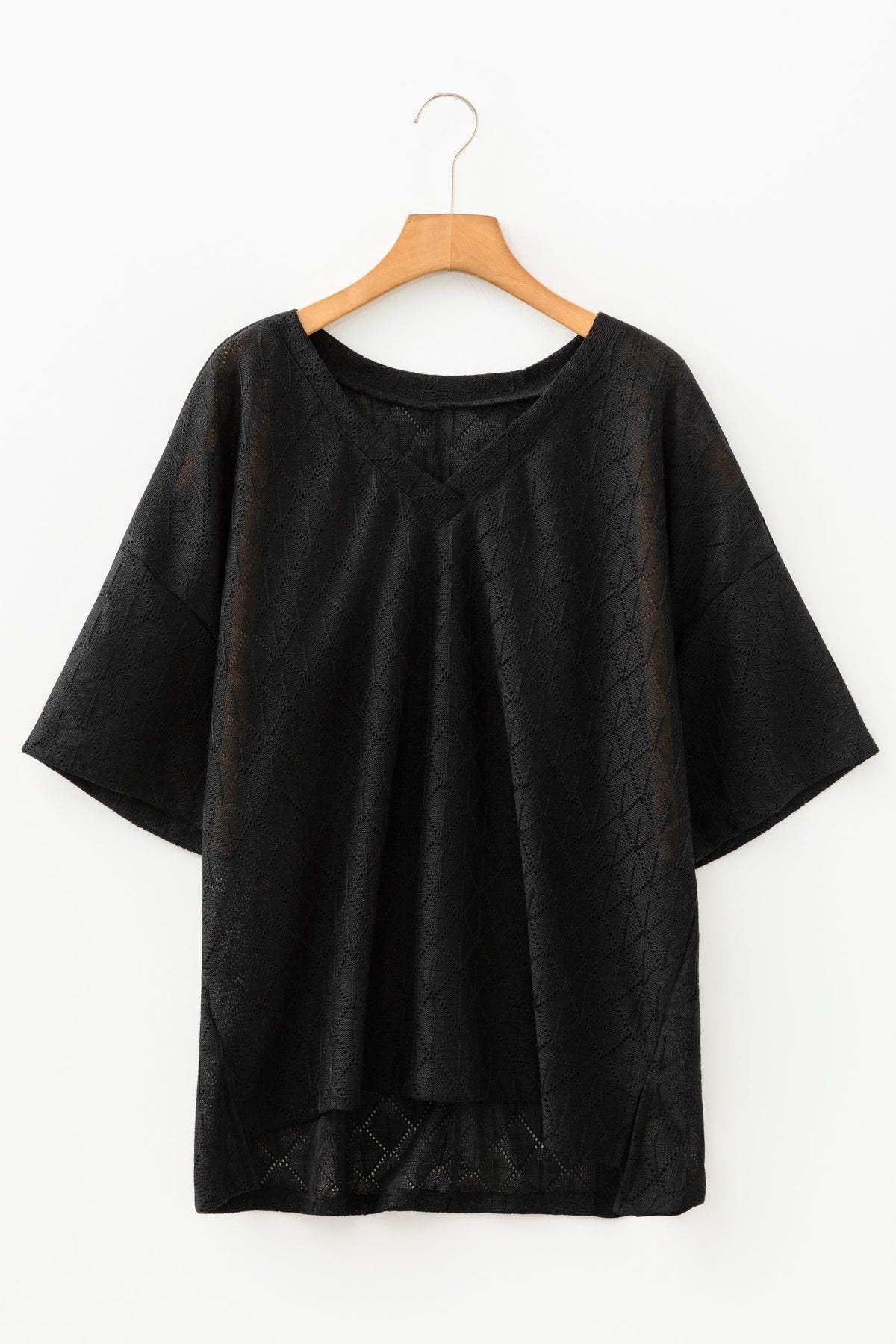Plus Size Solid Pointelle Knit Rhombus V-Neck Top
