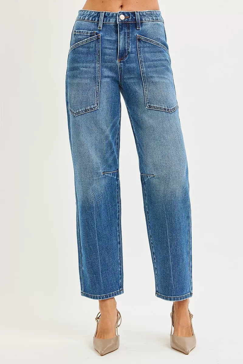 4 Way Stretch Mid Rise Barrel Jeans with Patch Pocket Detail