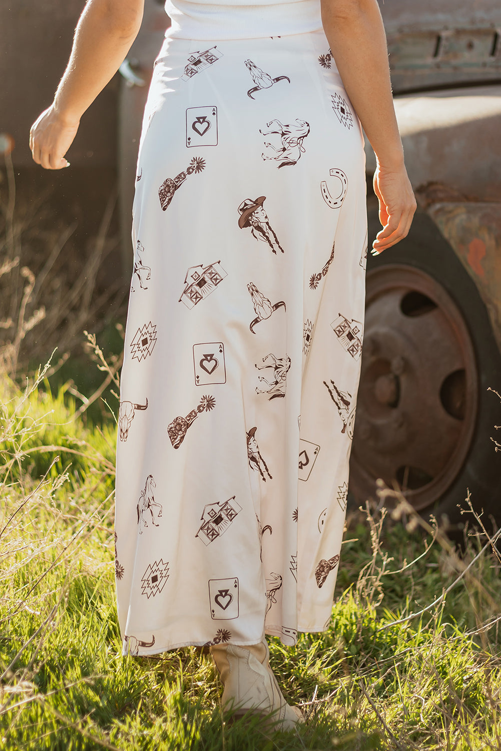 Western Lace Trim High Waist Maxi Skirt