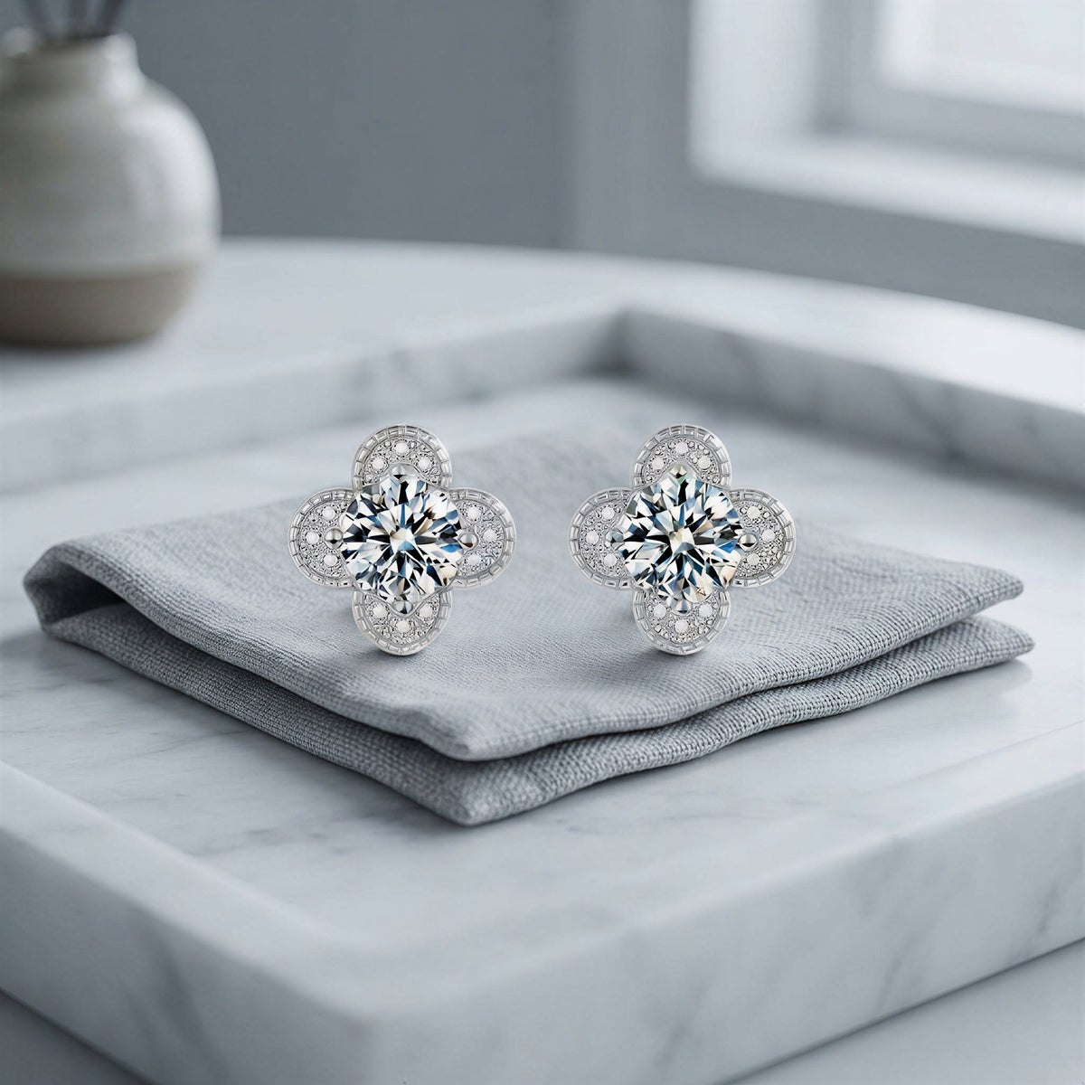 S925 Moissanite Clover Stud Earrings, Sterling Silver Minimalist Earrings Jewelry