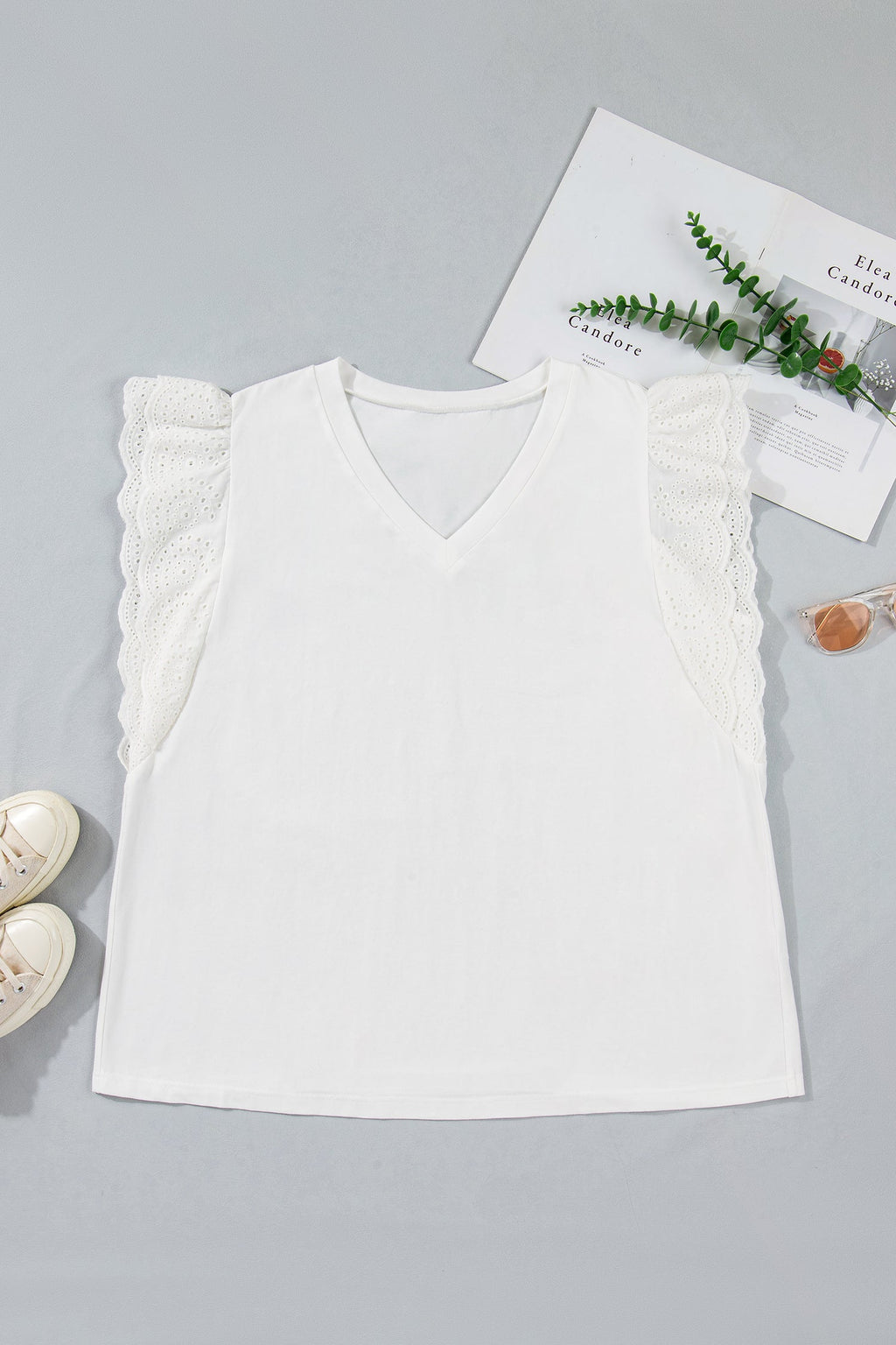 Plus Size Embroidered Eyelet Patchwork Short Sleeve Tee