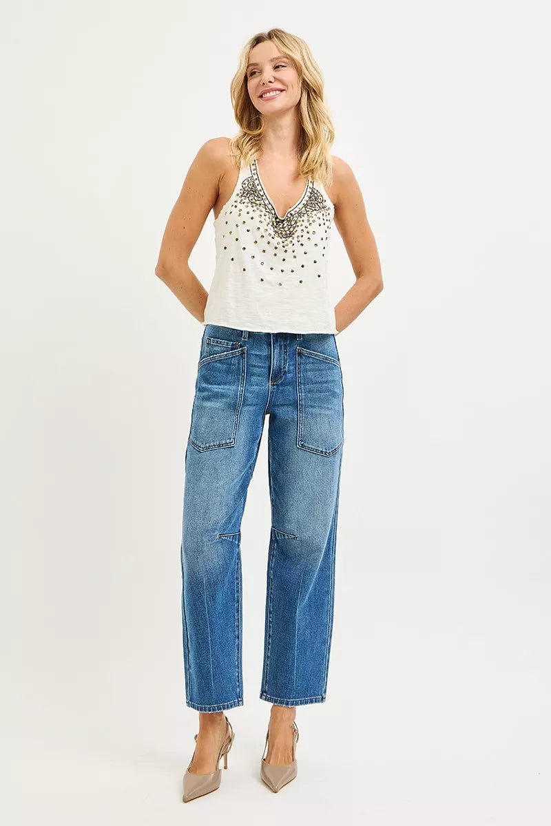 4 Way Stretch Mid Rise Barrel Jeans with Patch Pocket Detail