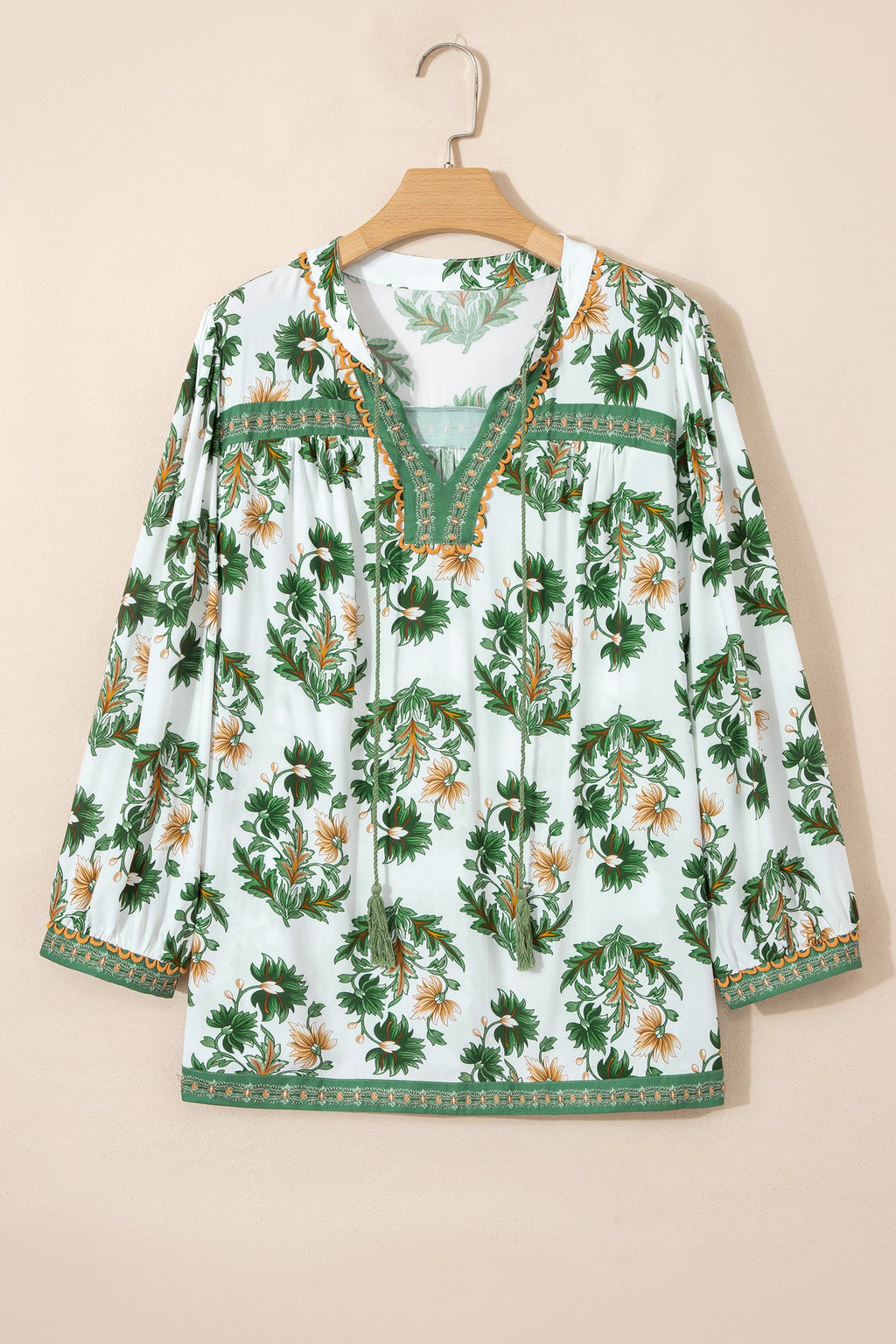 Plus Size Floral Patchwork Tassel Tie Blouse