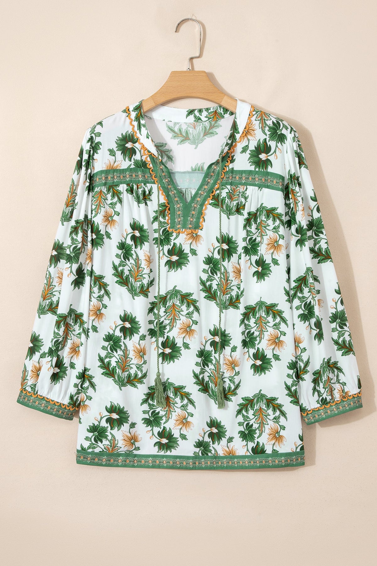 Plus Size Floral Patchwork Tassel Tie Blouse